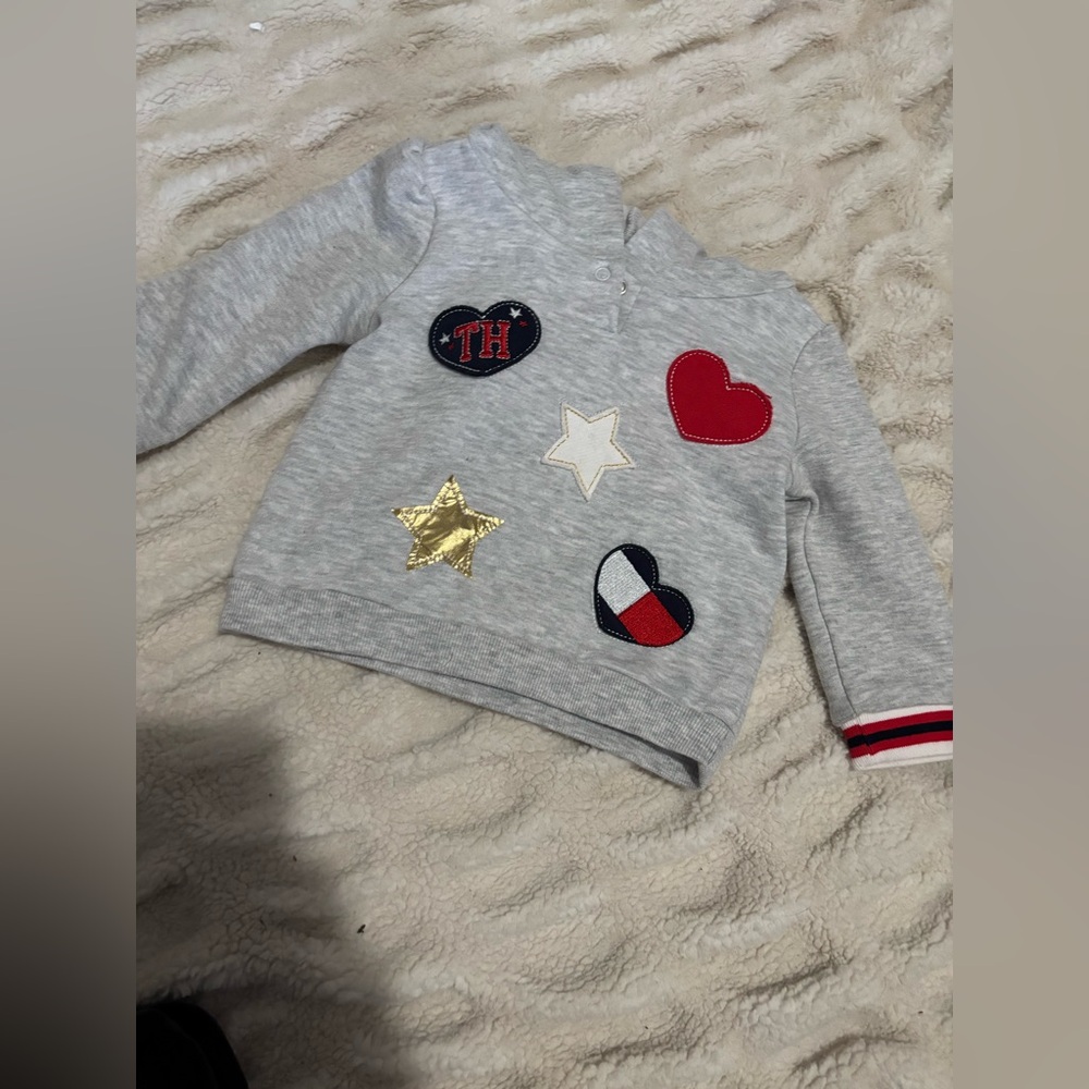 Tommy Hilfiger Gray and Red Sweatshirt with Decorative Patches
